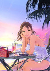 Rule 34 | 1girl, beach, brown eyes, brown hair, carina (xiaowoo), casual one-piece swimsuit, cellphone, head rest, drink, drinking straw, highres, looking at viewer, one-piece swimsuit, original, palm tree, phone, pov, radio, sitting, smile, solo, swimsuit, tree