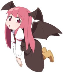 Rule 34 | 1girl, boots, dress, female focus, flying, head wings, kagura roku, koakuma, long hair, open mouth, pink eyes, pink hair, simple background, solo, touhou, white background, wings