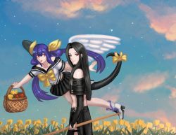 Rule 34 | basket, black hair, blue hair, dizzy (guilty gear), flower, flying, guilty gear, guilty gear xx, happy, highres, long hair, midriff, moontears, red eyes, ribbon, skirt, smile, tail, testament (guilty gear), twintails, wings, yellow flower, yellow ribbon