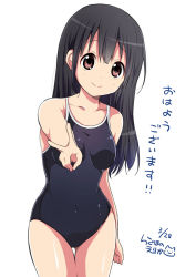 Rule 34 | 1girl, :&gt;, artist name, bad id, bad pixiv id, bare shoulders, black hair, breasts, brown eyes, clenched hand, collarbone, competition school swimsuit, covered navel, dated, long hair, looking at viewer, one-piece swimsuit, original, ragho no erika, school swimsuit, shiny skin, simple background, skin tight, smile, solo, standing, swimsuit, thigh gap, v, white background