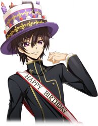 Rule 34 | 1boy, artist request, birthday, birthday sash, black hair, buttons, clothes writing, code geass, code geass: lost stories, cropped torso, english text, game cg, hair between eyes, hand up, happy, happy birthday, hat, highres, layered sleeves, lelouch vi britannia, long sleeves, male focus, multicolored clothes, multicolored hat, non-web source, official art, parted lips, purple eyes, sash, school uniform, short hair, shoulder sash, sidelocks, simple background, smile, solo, standing, teeth, top hat, transparent background, upper body