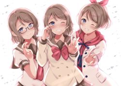 Rule 34 | 3girls, :d, blue eyes, bow, bowtie, collarbone, finger to eye, glasses, hair bow, hood, hoodie, jacket, light brown hair, long sleeves, looking at viewer, love live!, love live! sunshine!!, multiple girls, neckerchief, number print, one eye closed, open mouth, pocket, red bow, red hoodie, red neckwear, reminiscence202, sailor collar, school uniform, short hair, short sleeves, simple background, smile, sweater, tearing up, tears, teeth, upper body, v, watanabe you, white background, white jacket, | |