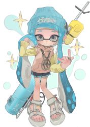Rule 34 | 1girl, beanie, blue hair, blue hat, dolphin shorts, female focus, full body, grey eyes, hat, highres, hood, hood down, hoodie, inkling, inkling girl, inkling player character, jewelry, looking at viewer, necklace, nintendo, p-pepper, pointy ears, ring, sandals, shorts, solo, splatoon (series), splatoon 2, standing, tentacle hair, toes, white background