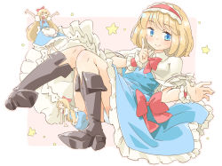 Rule 34 | 3girls, :d, :o, ^ ^, alice margatroid, all fours, apron, arnest, black footwear, blonde hair, blue dress, blue eyes, blue panties, boots, border, bow, bowtie, capelet, closed eyes, commentary request, dress, frilled apron, frilled hairband, frills, full body, hair bow, hairband, head tilt, index finger raised, knees up, lolita hairband, long hair, looking at viewer, lying, multiple girls, neck ribbon, on back, open mouth, outline, outside border, panties, pantyshot, parted lips, petticoat, pink background, pink outline, red bow, red hairband, red ribbon, ribbon, shanghai doll, short hair, simple background, smile, star (symbol), thighs, touhou, underwear, very long hair, waist apron, white apron, white border, white capelet, wrist cuffs