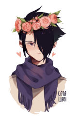 Rule 34 | 1boy, artist name, black hair, blush, brown eyes, closed mouth, flower, hair over one eye, heart, highres, looking at viewer, male focus, pink flower, pink rose, purple scarf, ray (yakusoku no neverland), ri (catallarii), rose, scarf, short hair, simple background, solo, upper body, white background, wreath, yakusoku no neverland