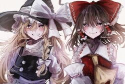 Rule 34 | 2girls, annin cha, ascot, bare shoulders, black hair, black vest, blonde hair, blush, bow, braid, closed mouth, detached sleeves, frilled bow, frilled hair tubes, frilled shirt collar, frills, hair between eyes, hair bow, hair tubes, hakurei reimu, hat, hat bow, hat ribbon, highres, japanese clothes, kirisame marisa, looking at viewer, miko, multiple girls, open mouth, red bow, red shirt, ribbon, shirt, single braid, sleeveless, sleeveless shirt, smile, touhou, upper body, vest, white bow, white ribbon, white shirt, witch, witch hat, yellow ascot