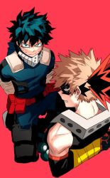 Rule 34 | 2boys, angry, arms behind back, bakugou katsuki, bare shoulders, black hair, blonde hair, blue eyes, bodysuit, boku no hero academia, bound, bound arms, commentary request, cut (nifuhami 35), freckles, from above, gloves, green bodysuit, green eyes, green hair, looking at viewer, looking back, male focus, midoriya izuku, multicolored bodysuit, multicolored clothes, multicolored hair, multiple boys, pants, pouch, red background, red eyes, simple background, spiked hair, teeth, two-tone hair