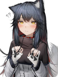 Rule 34 | 1girl, ?, ??, absurdres, animal ears, arknights, black hair, blush, closed mouth, collar, fingerless gloves, gloves, highres, leash, long hair, red collar, simple background, solo, tab head, tail, texas (arknights), upper body, white background, white gloves, wolf ears, wolf girl, wolf tail, yellow eyes
