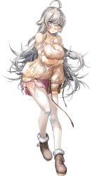Rule 34 | 1girl, ahoge, blush, boots, breasts, brown footwear, cleavage, full body, fur-trimmed boots, fur trim, grey eyes, grey hair, jewelry, kantai collection, large breasts, long hair, necklace, off-shoulder sweater, off shoulder, official art, pantyhose, pink skirt, ribbed sweater, skirt, solo, sweater, torn clothes, torn skirt, transparent background, washington (kancolle), white pantyhose, zeco