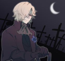 Rule 34 | 1boy, absurdres, albino, andrew kreiss, bags under eyes, black gloves, capelet, coat, crescent moon, facial scar, gloves, graveyard, hair over one eye, highres, holding, holding shovel, identity v, kesuk0, long sleeves, looking at viewer, male focus, moon, night, outdoors, red eyes, scar, scar on cheek, scar on face, scar on nose, short hair, shovel, solo, tombstone, upper body, white hair