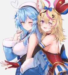 Rule 34 | 2girls, ;d, ;q, ahoge, animal ear fluff, animal ears, bare shoulders, beret, black bow, black hair, blonde hair, blue bow, blue coat, blue hair, blue nails, blush, bow, braid, breasts, center opening, cleavage, closed mouth, club hair ornament, coat, collared shirt, commentary request, detached sleeves, diamond hair ornament, dress, eyelashes, facepaint, flower, fox ears, from side, fur-trimmed coat, fur trim, gloves, grey background, hair between eyes, hair flower, hair ornament, hairclip, hand up, haoni, hat, heart, heart-shaped pupils, heart ahoge, heart hair ornament, highres, hololive, hug, hug from behind, jester cap, large bow, large breasts, licking lips, light blue hair, long hair, looking at viewer, looking to the side, medium breasts, medium hair, multicolored clothes, multicolored hair, multicolored headwear, multicolored nails, multiple girls, nail polish, off shoulder, omaru polka, omaru polka (1st costume), one eye closed, open mouth, outstretched arms, pink hair, purple eyes, red gloves, red nails, shirt, side braid, sideboob, sidelocks, simple background, single braid, single glove, single sleeve, skirt, smile, snowflake print, spade hair ornament, streaked hair, striped clothes, striped skirt, symbol-shaped pupils, tongue, tongue out, two-tone bow, upper body, v-shaped eyebrows, virtual youtuber, white background, white headwear, white shirt, wide sleeves, wrist cuffs, yellow eyes, yukihana lamy