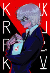 Rule 34 | 1other, androgynous, black background, black suit, blonde hair, chain, character name, disembodied eye, elien, eyeball, formal, from side, hunter x hunter, jewelry, kurapika, long sleeves, looking at viewer, necktie, profile, red background, red eyes, ring, shirt, short hair, solo, suit, thumb ring, two-tone background, white shirt
