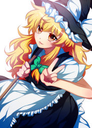 Rule 34 | 1girl, apron, bad id, bad pixiv id, blonde hair, bow, braid, broom, female focus, fujyosisaikou801, hat, kirisame marisa, lips, long hair, looking at viewer, shirt, short sleeves, simple background, solo, touhou, v, vest, white background, witch, witch hat, yellow eyes