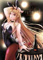 Rule 34 | 1girl, alcohol, animal ears, black choker, blonde hair, blush, bottle, breasts, brown pantyhose, choker, cleavage, cup, drinking glass, fake animal ears, fake tail, fate testarossa, highres, indoors, large breasts, leotard, long hair, looking at viewer, lyrical nanoha, mahou shoujo lyrical nanoha strikers, open mouth, pantyhose, playboy bunny, rabbit ears, rabbit tail, red eyes, smile, solo, sougetsu izuki, tail, wine, wine glass