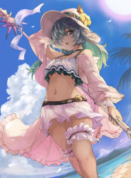 Rule 34 | 1girl, dark-skinned female, dark skin, fate (series), flower, gae bolg (fate), granblue fantasy, green eyes, green hair, hair over one eye, hat, hat flower, highres, holding, holding polearm, holding spear, holding weapon, kolulu (granblue fantasy), long hair, looking at viewer, navel, nos, open mouth, polearm, skirt, solo, spear, sun hat, swimsuit, thigh strap, weapon