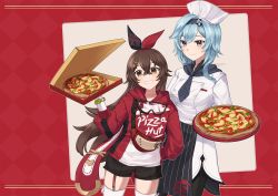 Rule 34 | 2girls, alternate costume, amber (genshin impact), amber (pizza hut) (genshin impact), apron, black apron, black hairband, black shorts, blue hair, brown eyes, brown hair, clothes writing, commentary, cowboy shot, eula (genshin impact), eula (pizza hut) (genshin impact), food, garter straps, genshin impact, goggles, goggles around neck, grin, hair between eyes, hair ornament, hair ribbon, hairband, hairclip, hand up, height difference, highres, hood, hoodie, long hair, long sleeves, looking at viewer, multiple girls, pizza, pizza box, pizza hut, red background, red hoodie, ribbon, rktsm, shirt, short shorts, shorts, smile, standing, thighhighs, very long hair, white headwear, white shirt, white thighhighs