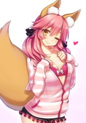 Rule 34 | 10s, 1girl, ;), animal ears, black skirt, breasts, cleavage, collarbone, colored stripes, fate/extra, fate/grand order, fate (series), fox ears, fox tail, hair ornament, hair scrunchie, hands on own chest, head tilt, heart, jacket, kou (garakuta teikoku), long sleeves, medium breasts, miniskirt, official alternate costume, one eye closed, pink hair, pink jacket, pocket, scrunchie, skirt, smile, solo, standing, striped, tail, tamamo no mae (fate/extra), tamamo no mae (spring casual) (fate), yellow eyes, zipper