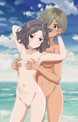 Rule 34 | 2girls, absurdres, blurry, blurry background, blush, breasts, brown eyes, censored, closed mouth, commentary, ebizuka tomo, girls band cry, grabbing, grabbing another&#039;s breast, grey hair, groping, hair between eyes, hairband, highres, kiniro tofu, large breasts, medium breasts, mole, mole under eye, mosaic censoring, multicolored hair, multiple girls, navel, nipples, nude, outdoors, red eyes, roots (hair), rupa (girls band cry), short hair, standing, striped clothes, striped hairband, variant set, yuri