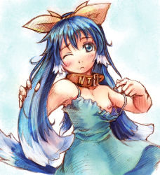 Rule 34 | 1girl, ;(, blue eyes, blue hair, blush, bow, breasts, choker, frown, inu-t, looking at viewer, lowres, matching hair/eyes, medium breasts, nipple slip, nipples, off shoulder, one eye closed, os-tan, solo, upper body, yellow bow