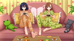 Rule 34 | animal print, annoyed, black hair, blue eyes, blue hair, blush, breasts, brown eyes, brown hair, cleavage, commentary, commission, controller, couch, crop top, english commentary, frog print, full body, gekota, green pajamas, grin, hair between eyes, hands up, happy, highres, holding, holding controller, indoors, kazenokaze, kill la kill, knees up, matoi ryuuko, medium breasts, medium hair, midriff, misaka mikoto, multicolored hair, on couch, orange pajamas, pajamas, playing games, pout, rabbit print, red hair, small breasts, smile, spread legs, streaked hair, stuffed animal, stuffed toy, toaru kagaku no railgun, toaru majutsu no index, tomboy, two-tone hair, video game
