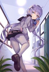 Rule 34 | 1girl, absurdres, ahoge, azur lane, bad id, bad pixiv id, bike shorts, blue eyes, blush, cardigan, cellphone, commentary, from behind, hair ornament, hand on own knee, highres, holding, holding phone, indoors, leaning forward, loafers, locker, looking at viewer, low twintails, miniskirt, pantyhose, phone, plant, pleated skirt, purple hair, sailor collar, school uniform, serafuku, shaffelli, shoes, shorts, shorts under skirt, skirt, smartphone, smile, solo, twintails, unicorn (long-awaited date) (azur lane), unicorn (azur lane), white pantyhose, window, x hair ornament