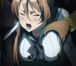 Rule 34 | 1boy, 1girl, animated, animated gif, blood, bouncing breasts, grabbing another&#039;s breast, breasts, brown hair, third-party edit, grabbing, groping, highschool of the dead, knife, large breasts, miyamoto rei, school uniform, screencap, serafuku, stitched, third-party edit, watch, wristwatch