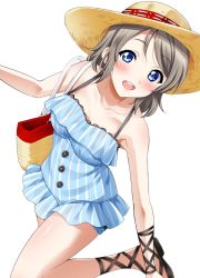 Rule 34 | 1girl, :d, bag, blue eyes, blush, breasts, brown hair, cleavage, collar, cross-laced footwear, gladiator sandals, handbag, hat, highres, leaning to the side, leg up, looking at viewer, love live!, love live! school idol festival, love live! sunshine!!, medium breasts, open mouth, sandals, sankuro (agoitei), short hair, shoulder bag, simple background, smile, solo, straw hat, sun hat, swept bangs, watanabe you, white background