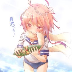 Rule 34 | 1girl, puff of air, barefoot, bitter melon, blue one-piece swimsuit, blue sailor collar, commentary request, cowboy shot, fujisaki yuu, hair ornament, i-58 (kancolle), kantai collection, neckerchief, one-piece swimsuit, pink eyes, pink hair, sailor collar, scarf, school swimsuit, school uniform, serafuku, short hair, solo, standing, swimsuit, swimsuit under clothes, translation request, yellow scarf