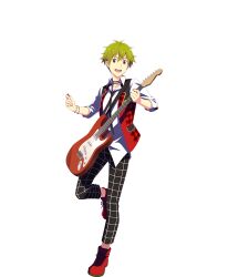 Rule 34 | 1boy, akiyama hayato, bracelet, collared shirt, electric guitar, full body, green hair, guitar, hair between eyes, highres, holding, holding instrument, idolmaster, idolmaster side-m, instrument, jewelry, looking at viewer, male focus, official art, open mouth, red footwear, shirt, shoes, smile, teeth, transparent background, upper teeth only