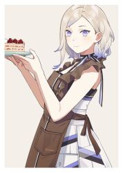 Rule 34 | 1girl, apron, blonde hair, brown apron, cake, closed mouth, dress, food, gradient hair, holding, holding plate, ichiroku (sakumogu-029), jean bart (kancolle), kantai collection, looking at viewer, mole, mole under eye, multicolored hair, multiple moles, plate, purple eyes, purple hair, short hair, simple background, solo