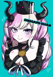 Rule 34 | 1girl, black dress, black horns, blue background, blush, braid, breasts, character name, cleavage, closed mouth, commentary request, cropped torso, crown, demon horns, dress, hair ornament, horns, large breasts, long hair, looking at viewer, master detective archives: rain code, multicolored hair, pink eyes, pink hair, ribbon, shinigami (rain code), simple background, smile, solo, sparkle, twin braids, two-tone hair, upper body, white ribbon, yokaze 626