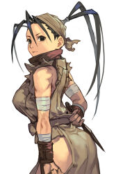 Rule 34 | 1girl, antenna hair, arm wrap, ass, bandages, bandana, bare shoulders, black hair, breasts, cowboy shot, dougi, from behind, hair pulled back, high ponytail, hip vent, holding, holding weapon, hungry clicker, ibuki (street fighter), japanese clothes, kunai, large breasts, long hair, looking at viewer, ninja, solo, street fighter, street fighter iii (series), weapon, white background