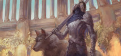 Rule 34 | 1boy, animal, arm at side, armor, artorias the abysswalker, blue capelet, breastplate, capelet, closed mouth, commentary, dark souls (series), dark souls i, day, earrame, faceless, faceless male, faulds, gauntlets, great grey wolf sif, greatsword, helmet, highres, holding, holding sword, holding weapon, hood, knight, looking away, over shoulder, pauldrons, pillar, plume, shoulder armor, single pauldron, standing, sword, upper body, weapon, wolf, yellow eyes