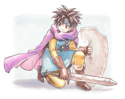 Rule 34 | blue dress, blue tunic, boots, brown eyes, brown footwear, brown gloves, brown hair, cape, circlet, closed mouth, dragon quest, dragon quest iii, dress, earrings, full body, gloves, heroine (dq3), holding, holding shield, holding sword, holding weapon, jewelry, looking to the side, pants, purple cape, roto (dq3), shield, shirt, short hair, shoulder belt, smile, spiked hair, sword, weapon, yellow pants, yellow shirt, yuza