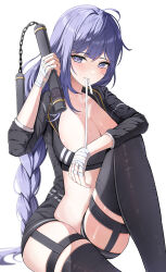 Rule 34 | 1girl, absurdres, ahoge, alternate costume, arm on knee, bandage in mouth, bandaged fingers, bandaged hand, bandages, black sports bra, black thighhighs, braid, breasts, cleavage, commentary request, feet out of frame, genshin impact, highres, holding, holding nunchaku, holding weapon, knee up, korean commentary, large breasts, looking at viewer, mole, mole under eye, nunchaku, purple eyes, purple hair, raiden shogun, sidelocks, simple background, single braid, sitting, skindentation, smile, solo, sports bra, stomach, thighhighs, thighs, weapon, white background, yeni1871