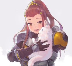 Rule 34 | 1girl, armor, blue eyes, blush, brigitte (overwatch), cat, fur, gloves, hair ornament, half-closed eyes, happy, lino chang, looking at another, on shoulder, open mouth, overwatch, overwatch 1, ponytail, portrait, smile