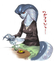 Rule 34 | 00s, 1girl, blue skin, butter, claws, colored skin, dress, final fantasy, final fantasy xi, food, lamia, long claws, lowres, monster girl, red eyes, scales, simple background, solo, tea, translation request