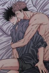 Rule 34 | 2boys, bed, bed sheet, bedroom, black male underwear, blue shirt, blush, closed eyes, commentary request, facial mark, fushiguro megumi, fushirun rung, hand on another&#039;s thigh, highres, hug, indoors, itadori yuuji, jujutsu kaisen, looking at another, lying, male focus, male underwear, multiple boys, muscular, muscular male, on bed, parted lips, pillow, pink hair, shirt, short hair, spiked hair, spooning, topless male, undercut, underwear, veins, yaoi, yellow eyes