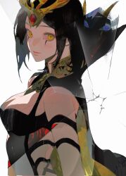 Rule 34 | 1girl, bad link, bare shoulders, black hair, breasts, hair ornament, highres, jian tai (cuoyu0), large breasts, league of legends, leblanc (league of legends), looking at viewer, makeup, medium breasts, short hair, simple background, solo, upper body, white background, yellow eyes