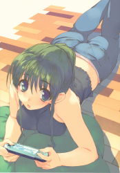 Rule 34 | 1girl, absurdres, bare shoulders, blue eyes, breasts, denim, green hair, handheld game console, highres, holding, jeans, long hair, looking at viewer, lying, medium breasts, mitsumi misato, on stomach, original, pants, pillow, playstation portable, scan, sidelocks, sleeveless, solo, wooden floor