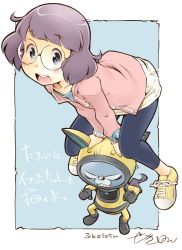 Rule 34 | 10s, 1girl, angry, animal ears, artist name, blue eyes, rabbit ears, clenched hands, clenched teeth, dated, glasses, helmet, leggings, looking at viewer, misora inaho, open mouth, sekihan, spacesuit, teeth, usapyon, traditional youkai, youkai watch, youkai watch 3