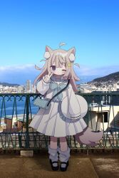 Rule 34 | 1girl, ahoge, animal ears, aqua neckerchief, artist name, bag, blue eyes, blue sky, blush, city, closed mouth, commentary, day, detached ahoge, grey hair, hand up, hat, highres, holding, holding clothes, holding hat, long hair, long sleeves, looking at viewer, nakkar, neckerchief, one eye closed, original, outdoors, pleated skirt, puffy long sleeves, puffy sleeves, river, sailor collar, scenery, school uniform, serafuku, shirt, shoulder bag, skirt, sky, socks, solo, standing, tail, twitter username, unworn headwear, v, white hat, white sailor collar, white serafuku, white shirt, white skirt, white socks, wolf ears, wolf girl, wolf tail