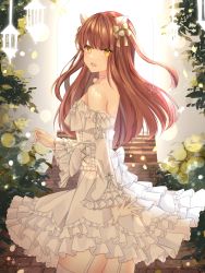 Rule 34 | 1girl, absurdres, animal ears, backlighting, bare back, bare shoulders, blunt bangs, blush, bow, breasts, brown hair, choker, commentary, dog ears, dog girl, dress, facing to the side, frilled dress, frills, garden, garter straps, hair bow, highres, light particles, lolita fashion, long hair, looking at viewer, medium breasts, open mouth, original, smile, strapless, strapless dress, thighhighs, virtual youtuber, white thighhighs, yellow eyes, ymkrnchan, zettai ryouiki