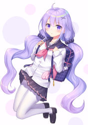 Rule 34 | 1girl, :o, ahoge, anchor symbol, azur lane, backpack, bag, bag charm, black footwear, black sailor collar, blue skirt, blush, cardigan, charm (object), commentary request, full body, hair between eyes, hair ornament, highres, loafers, long hair, looking at viewer, low twintails, neckerchief, open mouth, pantyhose, parted lips, pink neckerchief, pleated skirt, purple eyes, purple hair, sailor collar, seungju lee, shoes, skirt, solo, twintails, unicorn (long-awaited date) (azur lane), unicorn (azur lane), unicorn (long-awaited date) (azur lane), very long hair, white cardigan, white pantyhose, x hair ornament
