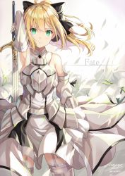 Rule 34 | 1girl, aqua eyes, armor, armored dress, armpits, artist name, artoria pendragon (all), artoria pendragon (fate), blonde hair, breastplate, breasts, copyright name, cowboy shot, detached sleeves, dress, fate/unlimited codes, fate (series), floral background, flower, garter straps, hair ribbon, highres, holding, holding sword, holding weapon, lily (flower), long hair, looking at viewer, medium breasts, parted lips, ponytail, ribbon, rin yuu, saber (fate), saber lily, signature, solo, sword, thighhighs, twitter username, weapon, white dress, white thighhighs, wind