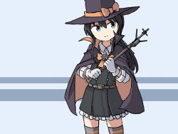 Rule 34 | 1girl, asashio (kancolle), black cape, black hair, black hat, blue eyes, cape, commentary, cowboy shot, dress, english commentary, facing viewer, hat, kantai collection, long hair, long sleeves, looking to the side, one-hour drawing challenge, pinafore dress, shirt, sixten, sleeveless, sleeveless dress, solo, striped clothes, striped legwear, striped thighhighs, thighhighs, two-tone background, wand, white shirt, witch hat