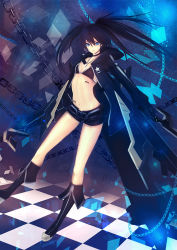 Rule 34 | 10s, 1girl, bad id, bad pixiv id, black hair, black rock shooter, black rock shooter (character), black rock shooter (game), blue eyes, boots, chain, checkered floor, choker, floor, full body, jewelry, knee boots, long hair, midriff, navel, necklace, rinbukyoku, short shorts, shorts, smile, solo, twintails