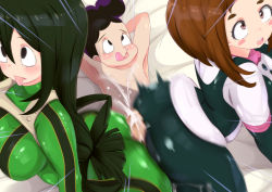 Rule 34 | 1boy, 2girls, animankan, ass, asui tsuyu, boku no hero academia, breasts, cum, highres, mineta minoru, multiple girls, penis, sex, uraraka ochako