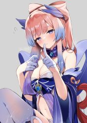 Rule 34 | 1girl, @ @, absurdres, blue dress, blunt bangs, blush, bow-shaped hair, breasts, cleavage, colored tips, detached collar, dress, finger to mouth, flying sweatdrops, genshin impact, gloves, gradient hair, half gloves, highres, index finger raised, long hair, looking at viewer, medium breasts, multicolored hair, navel, off-shoulder dress, off shoulder, parted lips, pink hair, ponytail, purple eyes, purple hair, revealing clothes, sangonomiya kokomi, sitting, solo, thighhighs, togo (korlsj1235), white gloves, white thighhighs, wide sleeves