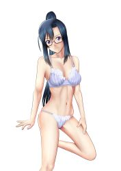 Rule 34 | 10s, 1girl, asymmetrical bangs, black-framed eyewear, black hair, bra, breasts, closed mouth, commentary request, glasses, hand on own thigh, hanebado!, head tilt, highres, izumi riko, lace, lace-trimmed bra, lace-trimmed panties, lace trim, leg up, legs, light smile, long hair, looking at viewer, medium breasts, navel, panties, ponytail, purple eyes, semi-rimless eyewear, sidelocks, simple background, skindentation, solo, standing, standing on one leg, string panties, striped bra, striped clothes, striped panties, under-rim eyewear, underwear, underwear only, vertical-striped bra, vertical-striped clothes, vertical-striped panties, white background, y y e cart mach